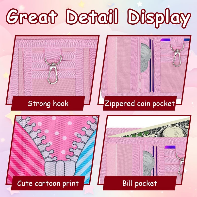 Sundee RFID Blocking Wallet,3 Packs Kids Wallet Bulk,Mini Trifold Coin Purse Cartoon Wallet,Front Pocket Wallet with Zipper for Kids,Canvas Outdoor Sports Wallets with Magic Sticker - Pink Rainbow - Image 2